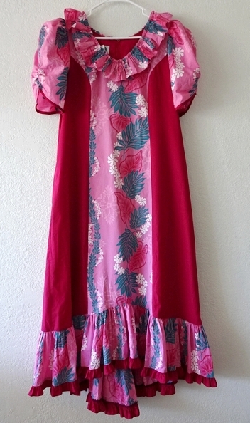 新品●ハワイ フラ ムームー RM エンジ×ピンク プルメリア シダ L-LL拍卖