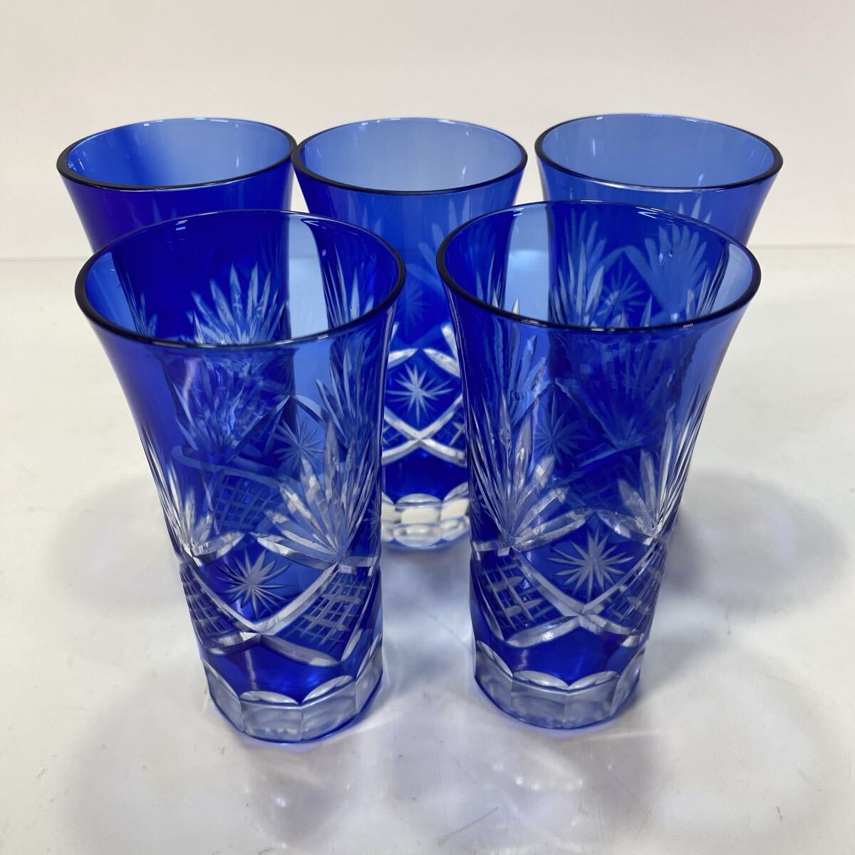 切子グラス 五客組 5個セット ガラス ブルー 青色系 コップ タンブラー 硝子製 食器 酒器拍卖
