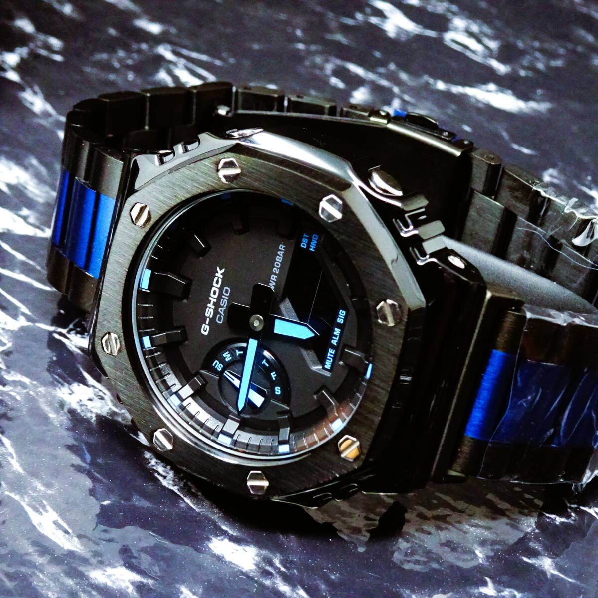 〓新品〓GショックMODカスタム〓本体付きGA2100〓ステンレス製ブラックベゼル〓ブルー&ブラックコンビカラー腕時計〓カシオーク〓拍卖