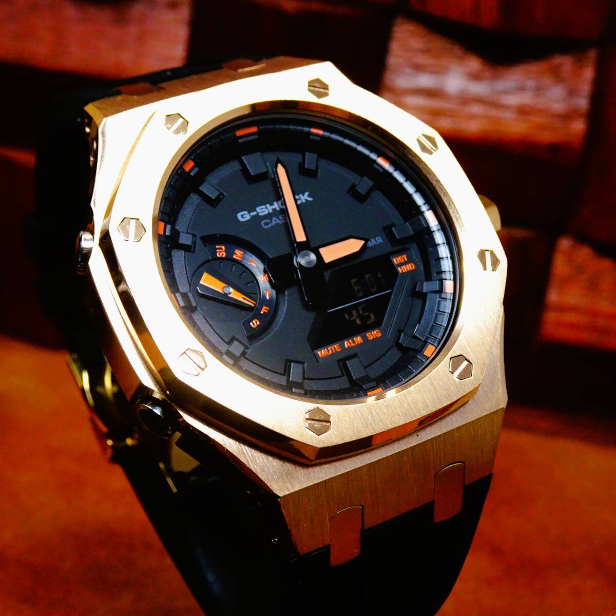 〓新品〓GショックMODカスタム〓本体付きGA2100〓ステンレス製シャンパンゴールドベゼル&ブラックシリコンラバー腕時計〓カシオーク〓拍卖