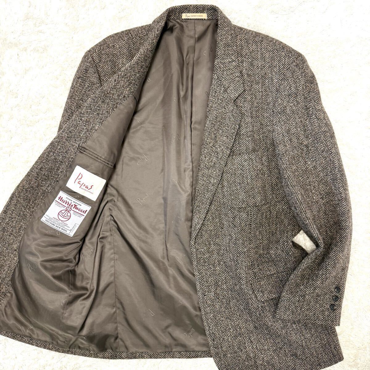 極美品 Papas ハリスツイード テーラードジャケット ヘリンボーン ツイード Harris Tweed パパス Lサイズ 48 総裏 裏地ロゴ 大きいサイズ拍卖