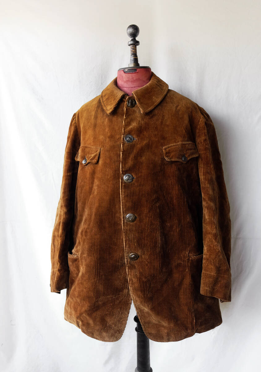 1920's 1930's フランス ヴィンテージ 太畝コーデュロイハンティングジャケット 動物ボタン サックコート 20s 30s ワークジャケット ベスト拍卖