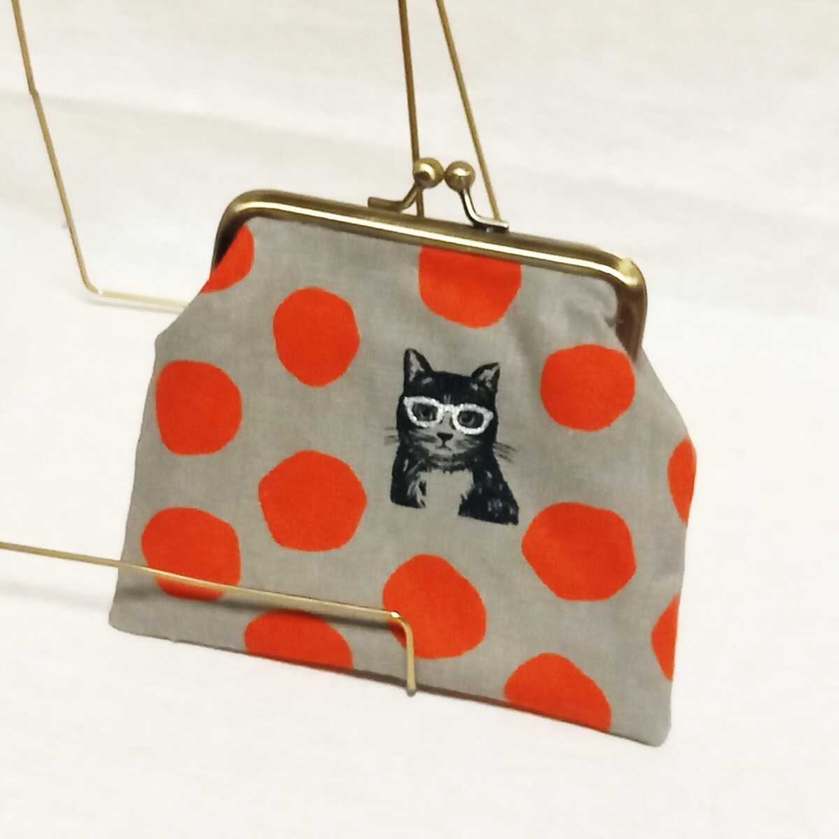 手作り☆がま口ポーチ☆グレー&赤ドットの黒ねこちゃん☆エチノ拍卖