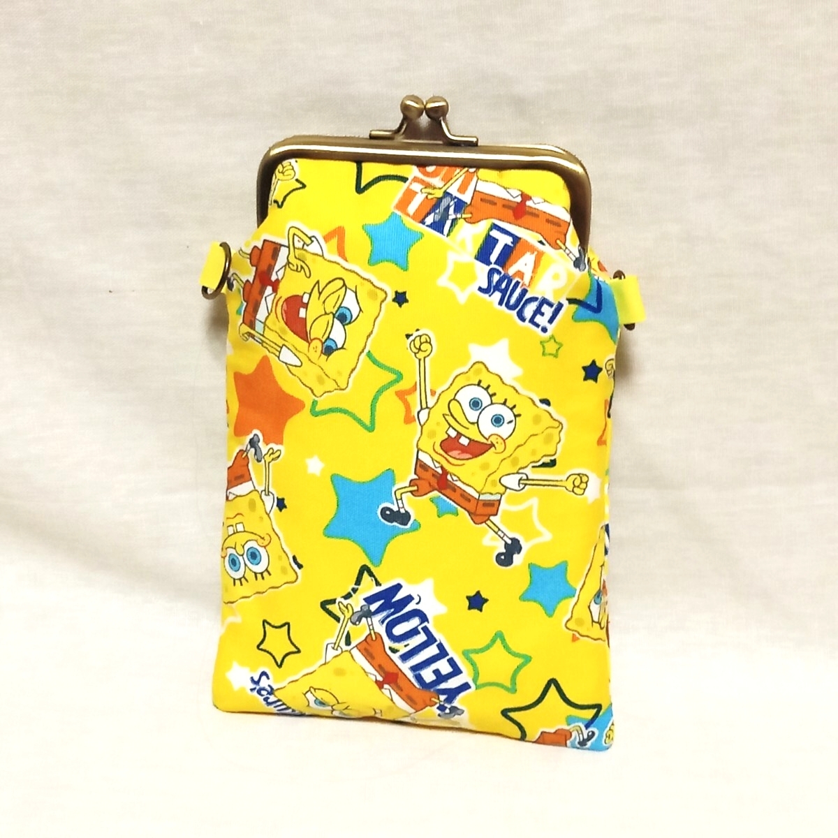 手作り☆がま口ポーチ☆スマホポーチ☆横14×高さ19cm☆スポンジボブ☆廃盤レア拍卖