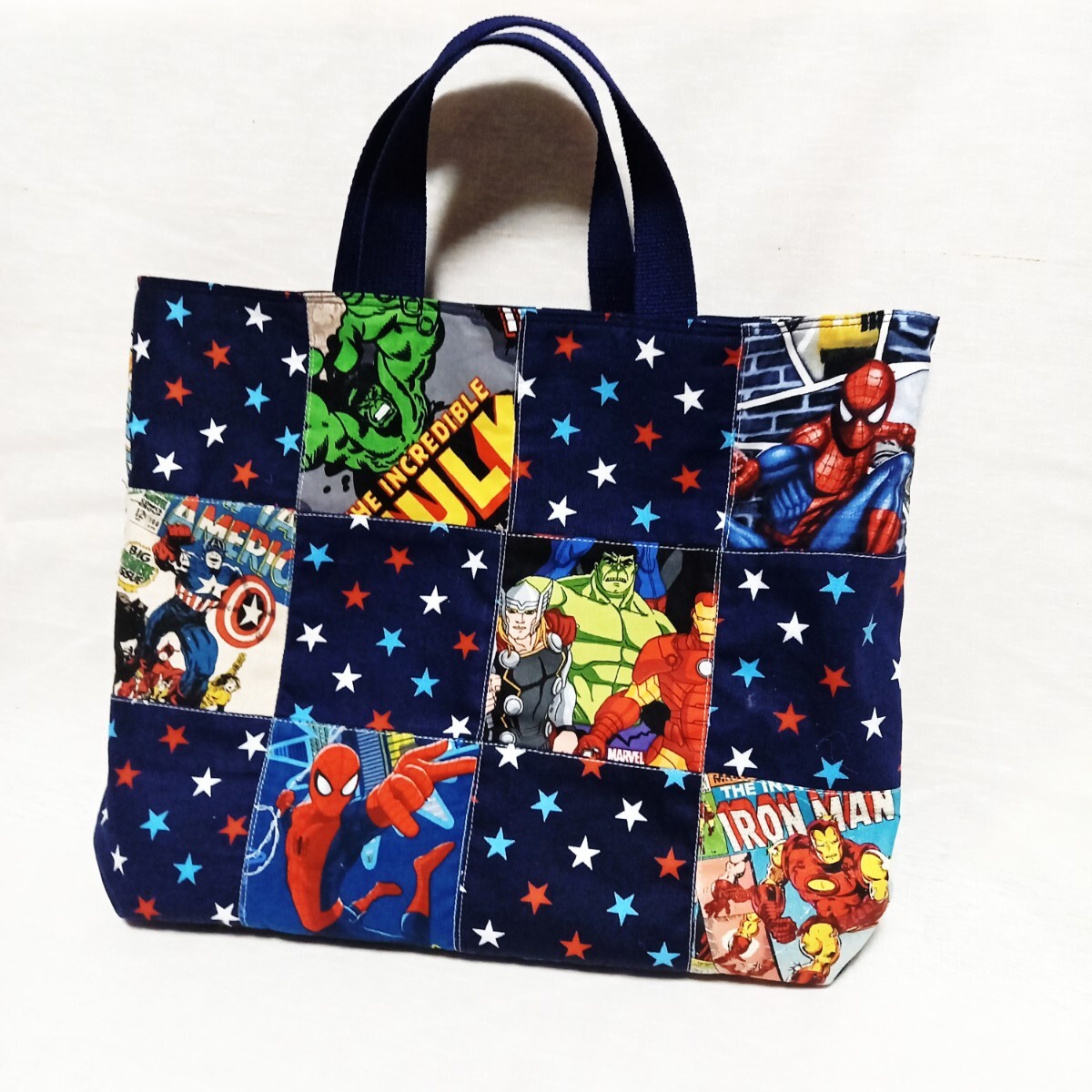 手作り☆パッチワークのレッスンバッグ☆アベンジャーズ☆スパイダーマン☆縦30×横40×マチ5cm拍卖