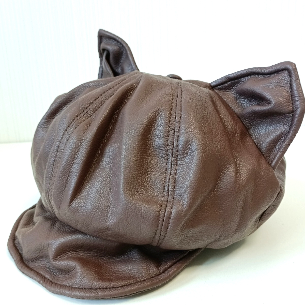 新品 かわいい 猫耳 キャスケット キャップ 帽子 PU レザー ブラウン ユニセックス メンズ レディース拍卖