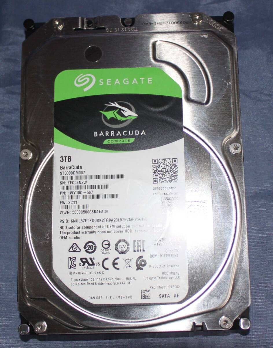 SEAGATE BarraCuda SATA 3.5inch 3TB 使用時間413時間 2021年製 中古動作品①拍卖