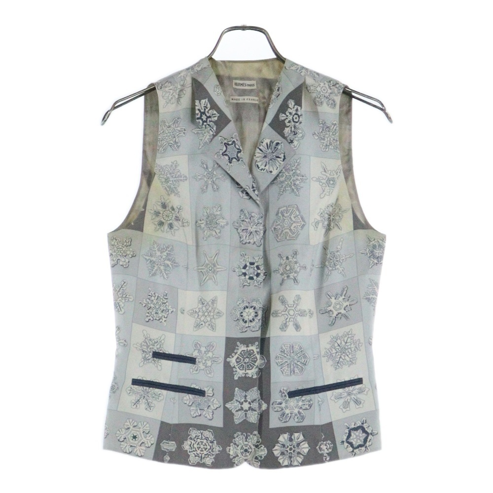 HERMES エルメス スノーフレーク 雪の結晶総柄プリント シルク ノースリーブ ジャケット ジレ ベスト グレー/ライトブルー拍卖