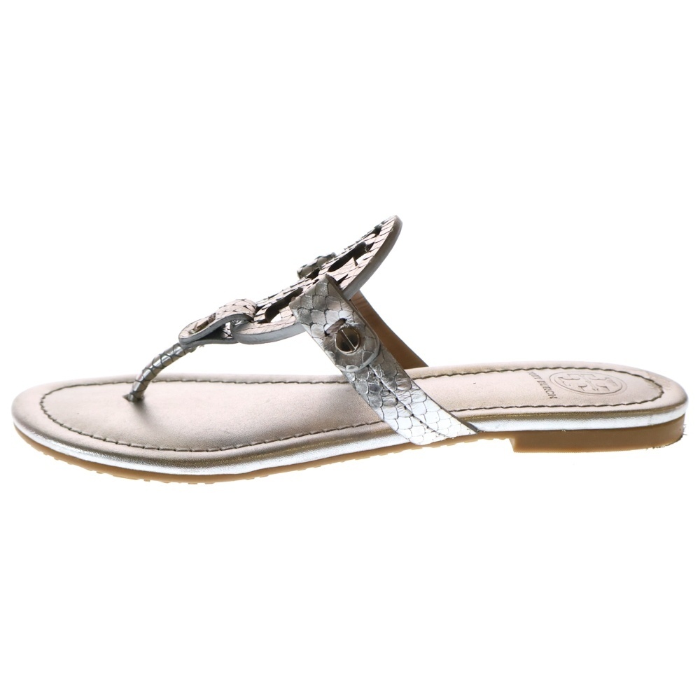 TORY BURCH トリー バーチ ロゴ レザー パイソン フラットサンダル シルバー レディース 〇拍卖