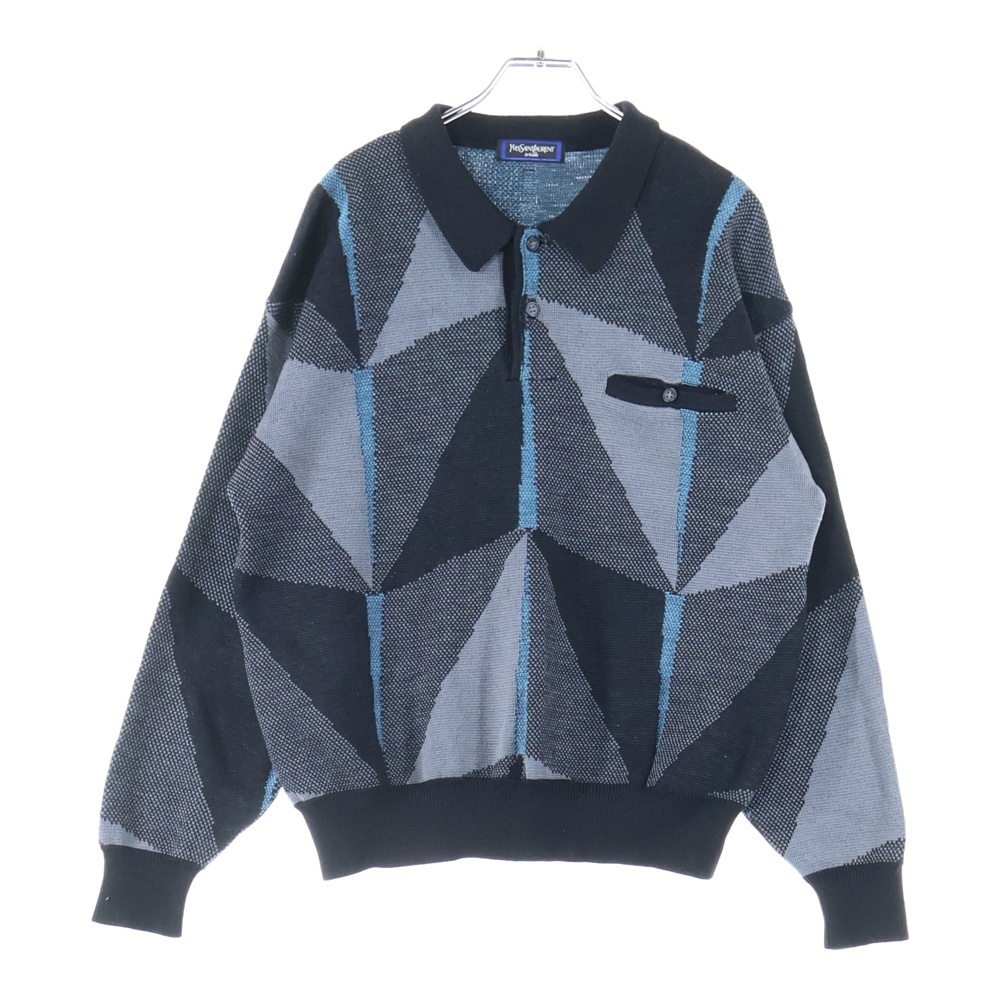 YVES SAINT LAURENT イヴサンローラン 総柄 ウール リブ 長袖ニットポロシャツ マルチカラー拍卖