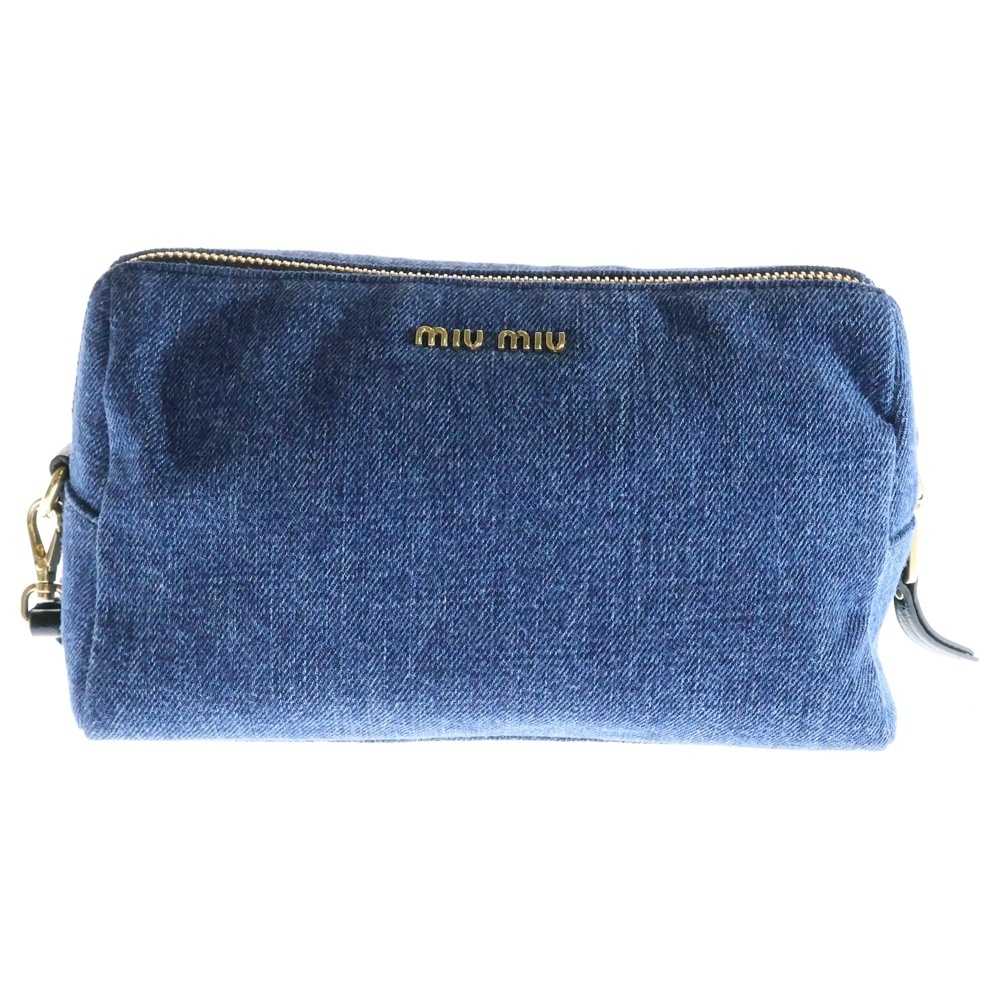 miumiu ミュウミュウ ロゴ メイクポーチ ケース 収納 デニム インディゴブルー ゴールド金具拍卖