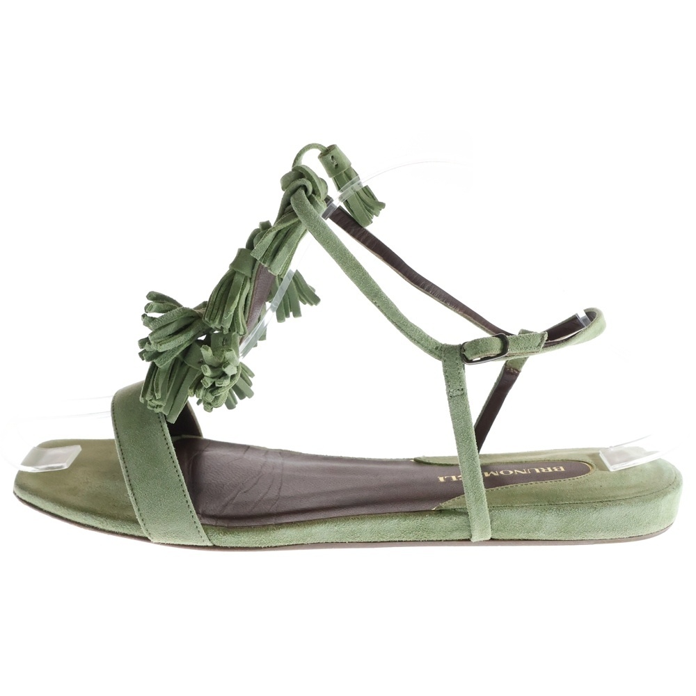 BRUNOMAGLI ブルーノマリ スウェードレザー タッセル フリンジ ストラップ フラット サンダル シューズ グリーン レディース拍卖