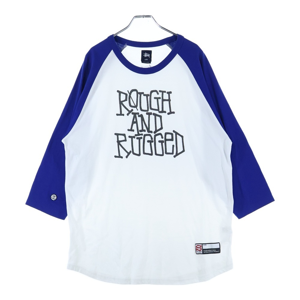 STUSSY ステューシー ROUGH AND RUGGED フロントデザイン ラグランTシャツ 七分丈カットソー ホワイト/ブルー拍卖