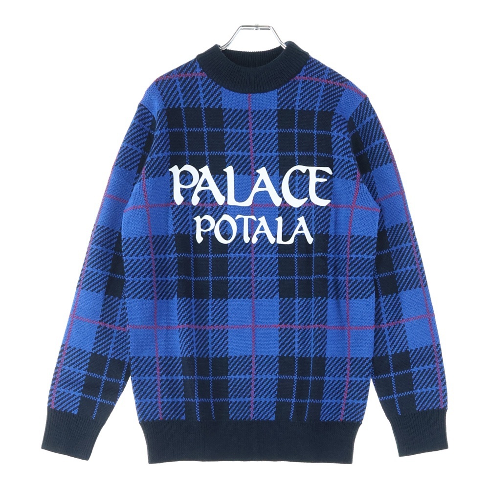 パレススケートボーズ 17AW Potala Knit ポタラ フロッキープリント タータンチェック クルーネック ニットセーター ブルー/ブラック拍卖