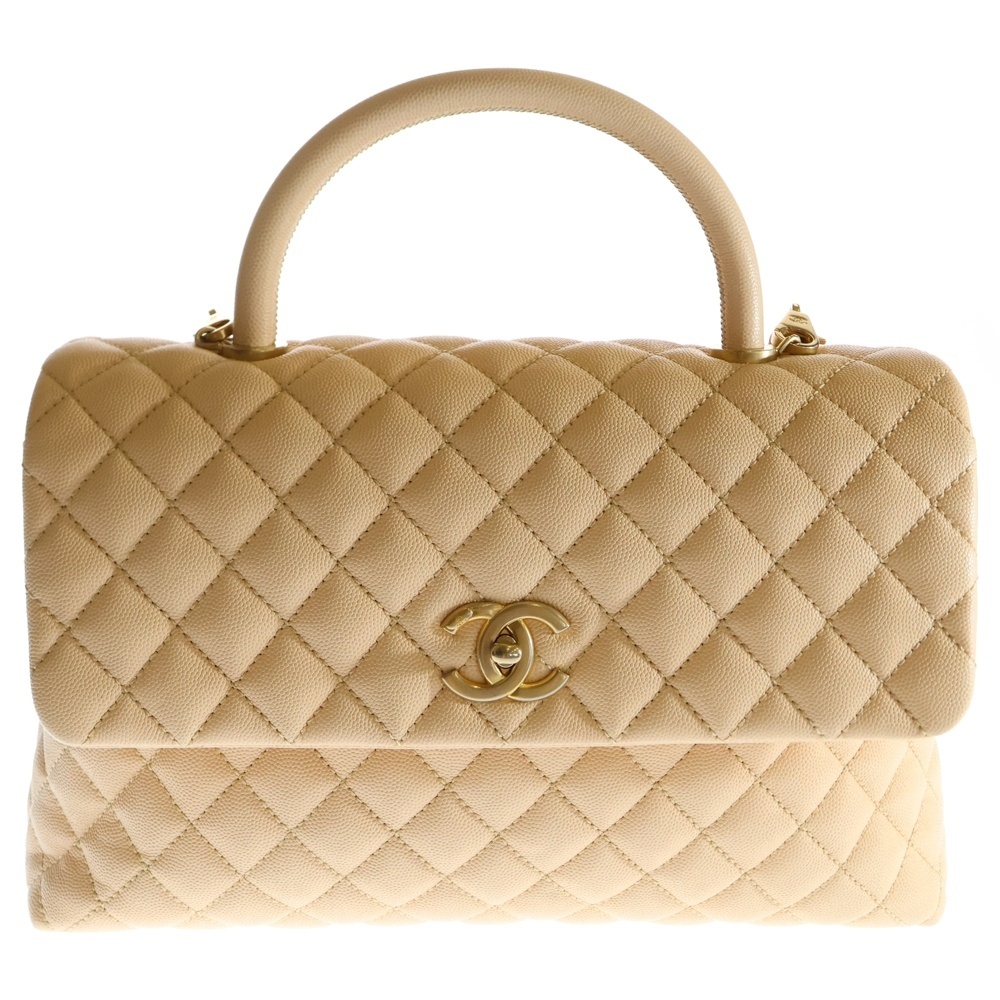 シャネル ココハンドル32 ココマーク キャビアスキン レザー トップハンドル 2WAY ハンド ショルダーバッグ ゴールド金具 ベージュ 23番台拍卖