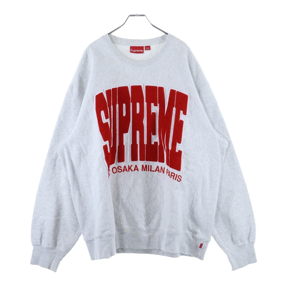 SUPREME シュプリーム 21AW Cities Arc Crewneck ビッグロゴ パイル パッチ クルーネック スエット トレーナー グレー拍卖