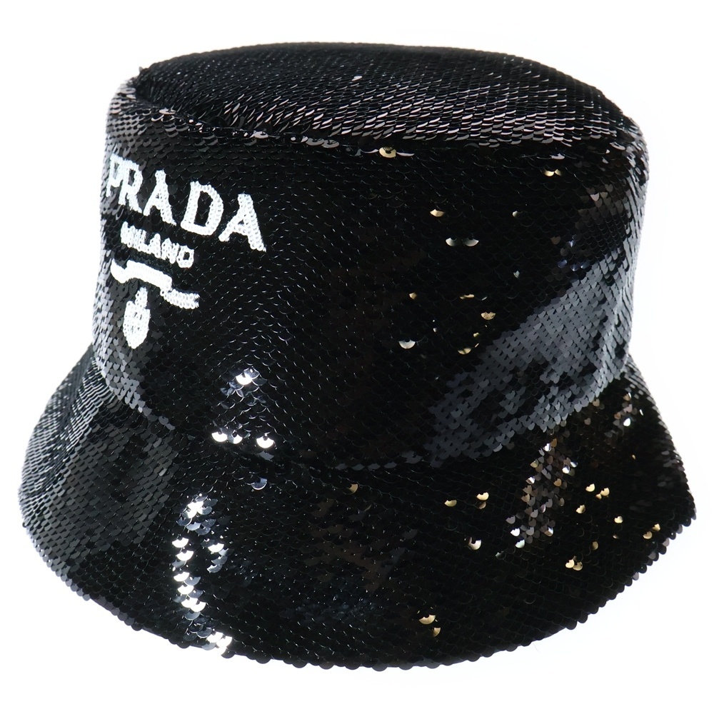 PRADA プラダ ロゴ スパンコール バケットハット 帽子 ブラック 1HC137拍卖