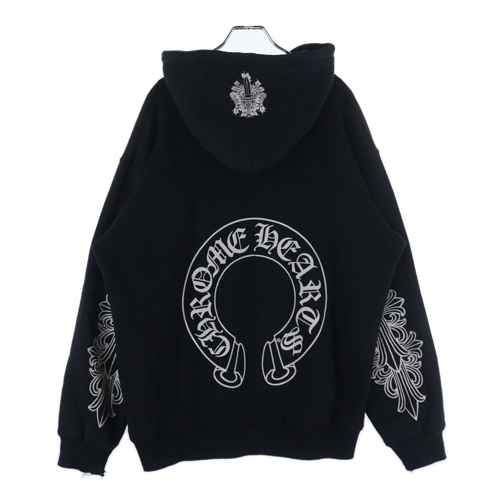 クロムハーツ OLD HORSESHOE HOODIE オールド ホースシュー 袖フローラルプリント サーマル裏地 ダガー プルオーバーパーカー ブラック拍卖
