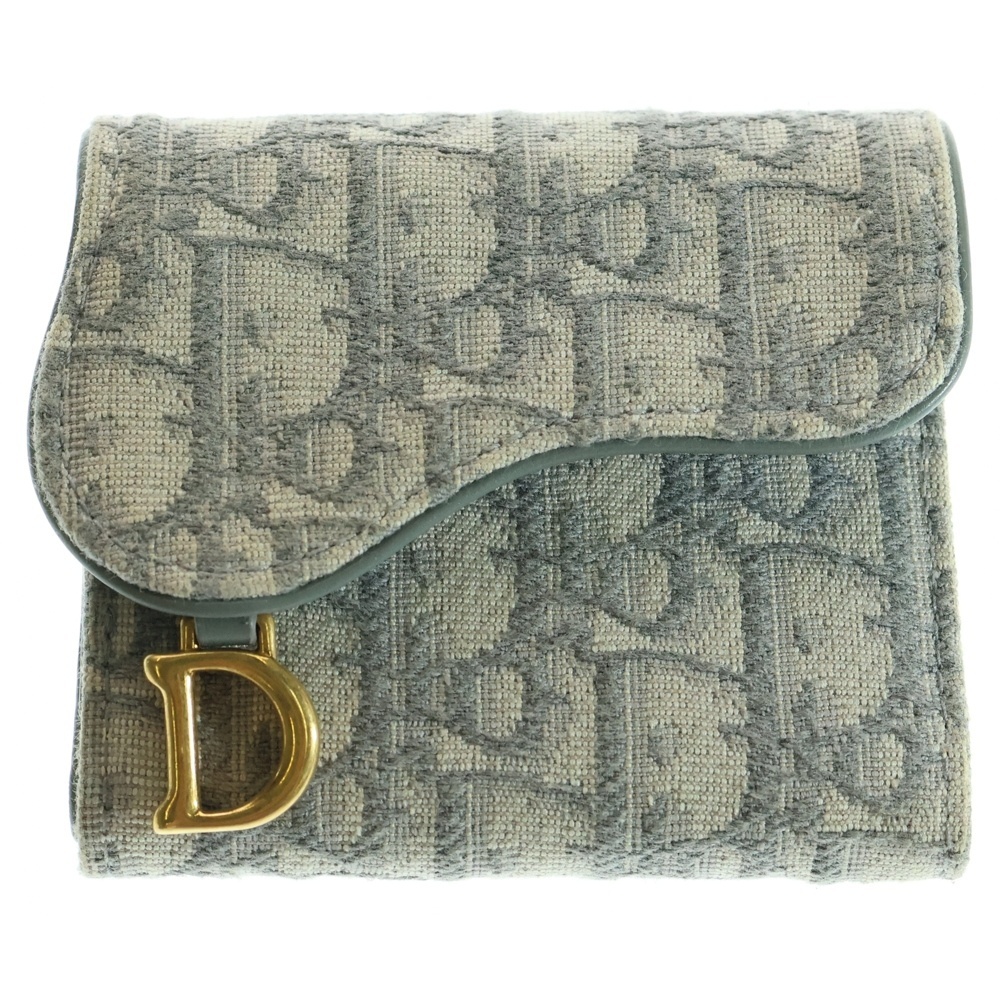 DIOR ディオール オブリーク サドル ロータスウォレット キャンバス レザー コンパクトウォレット 三つ折り財布 ゴールド金具 グレー拍卖