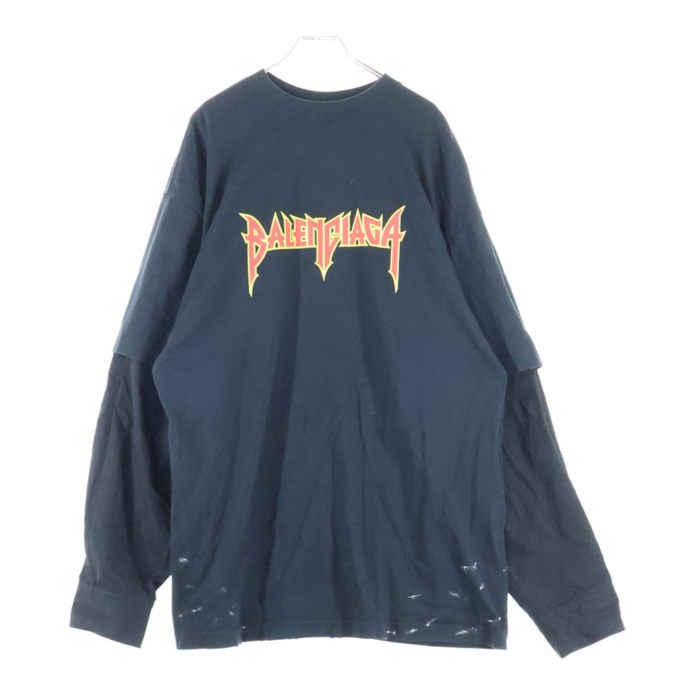 BALENCIAGA バレンシアガ 22AW メタルロゴ シャツレイヤード クルーネック半袖Tシャツ カットソー ブラック 698631 TMV88拍卖