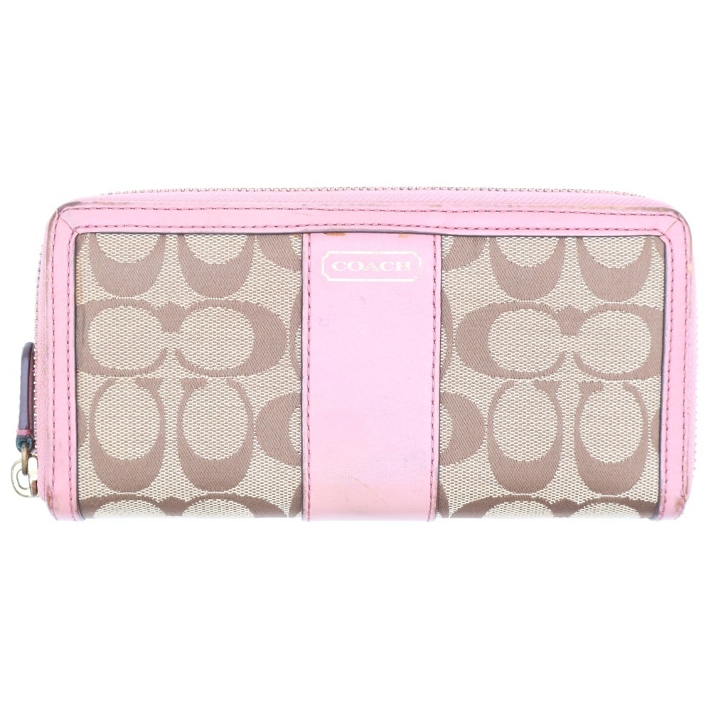COACH コーチ シグネチャー キャンバス レザー ラウンドファスナー ロングウォレット 長財布 ゴールド金具 ベージュ/ピンク拍卖