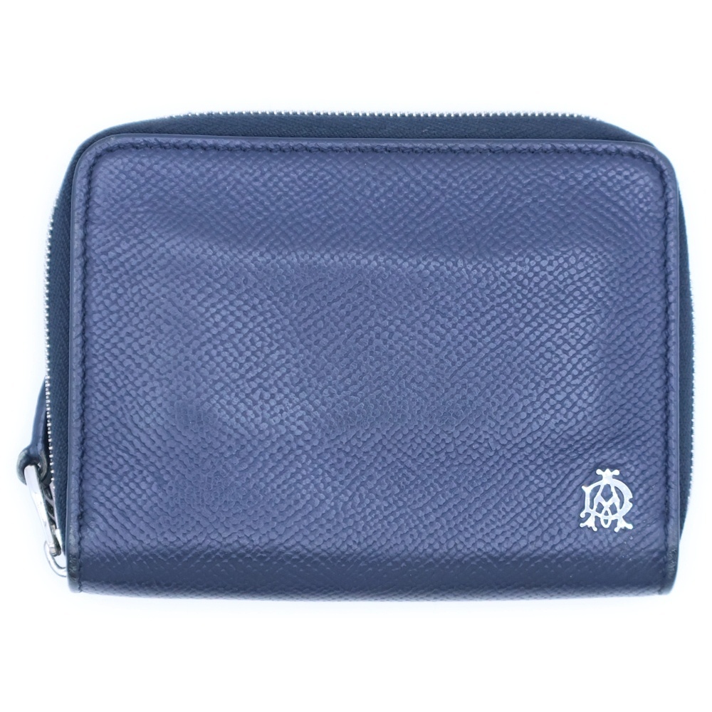 dunhill ダンヒル ロゴプレート レザー ラウンドファスナー コンパクトウォレット コインケース 財布 シルバー金具 ネイビー拍卖
