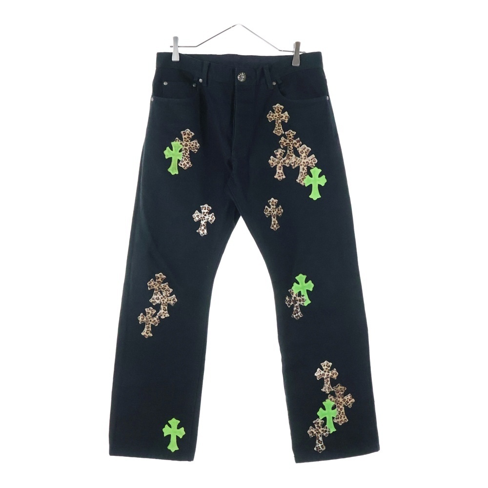 CHROME HEARTS クロムハーツ JEAN STRTLG FBRC クロスパッチ ボタンフライ ストレートデニムパンツ ブラック/グリーン拍卖
