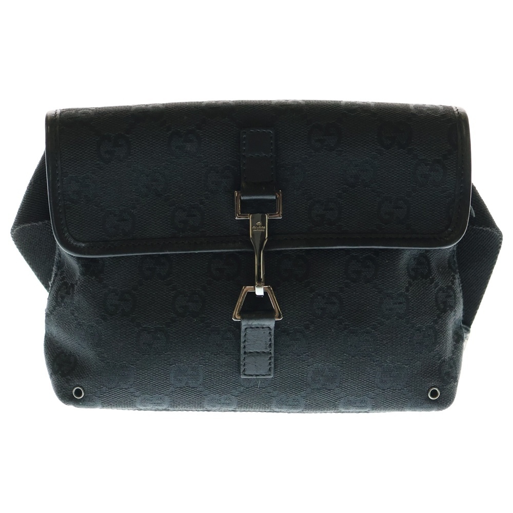 GUCCI グッチ GGキャンバス レザー ショルダー ボディベルト バッグ ウエストポーチ シルバー金具 ブラック 92543拍卖