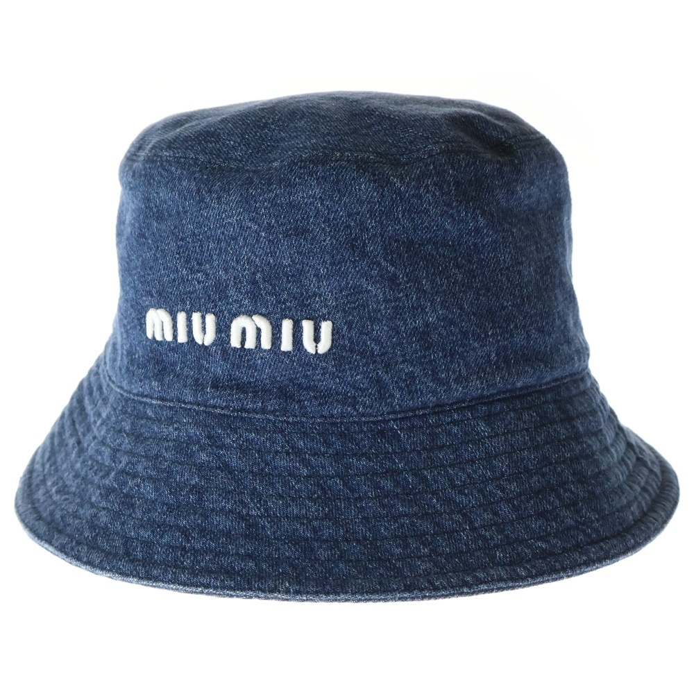 miumiu ミュウミュウ ロゴ刺繍 デニムコットンバスケットハット 帽子 インディゴブルー レディース 5HC196拍卖