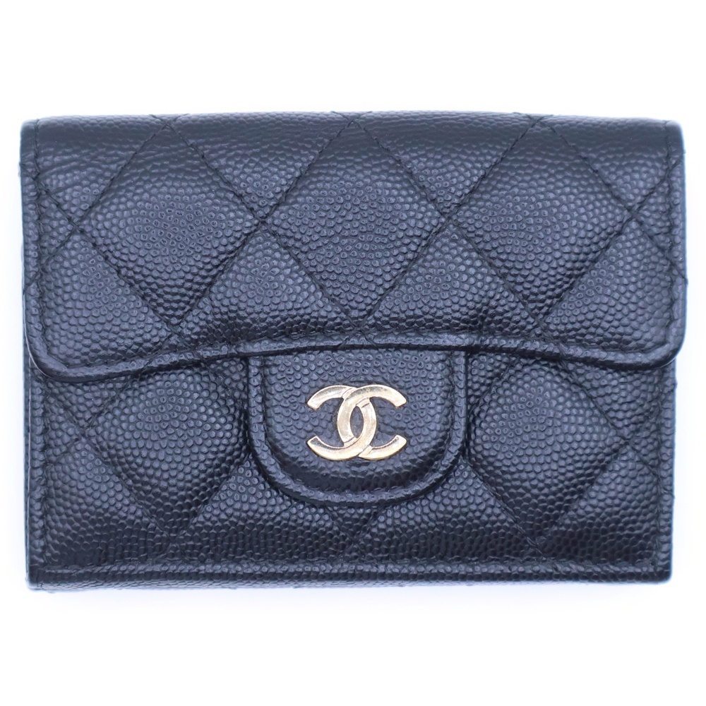 シャネル マトラッセ クラシック スモール キャビアスキン レザー ココマーク コンパクトウォレット 三つ折り財布 ブラック AP0230拍卖