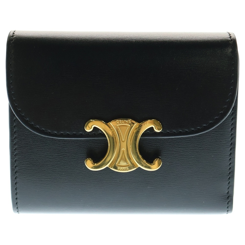 CELINE セリーヌ トリオンフ コンパクトウォレット 三つ折り財布 コインケース ブラック レザー ゴールド金具拍卖