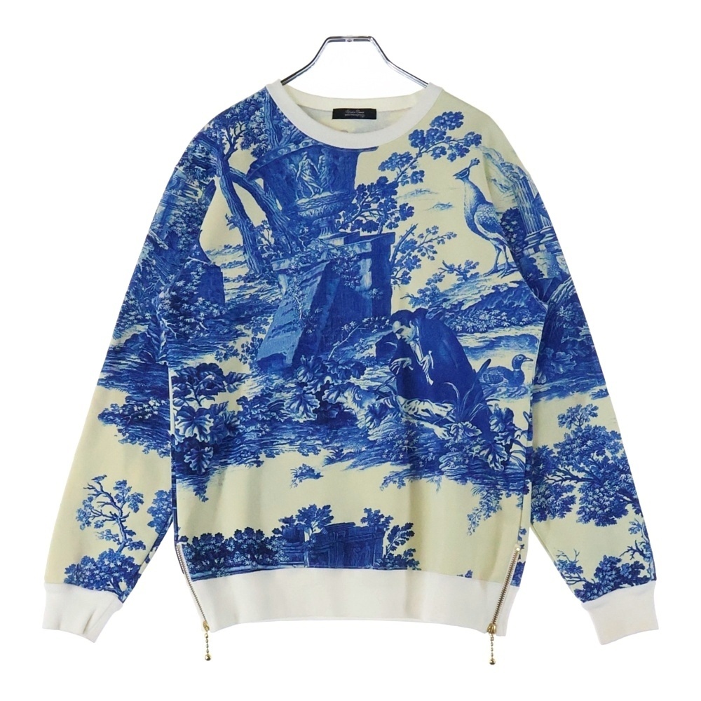 アンダーカバー 14AW 総柄アートプリント サイドジップ ポリコットン クルーネック スウェット トレーナー ブルー/アイボリー N8811拍卖