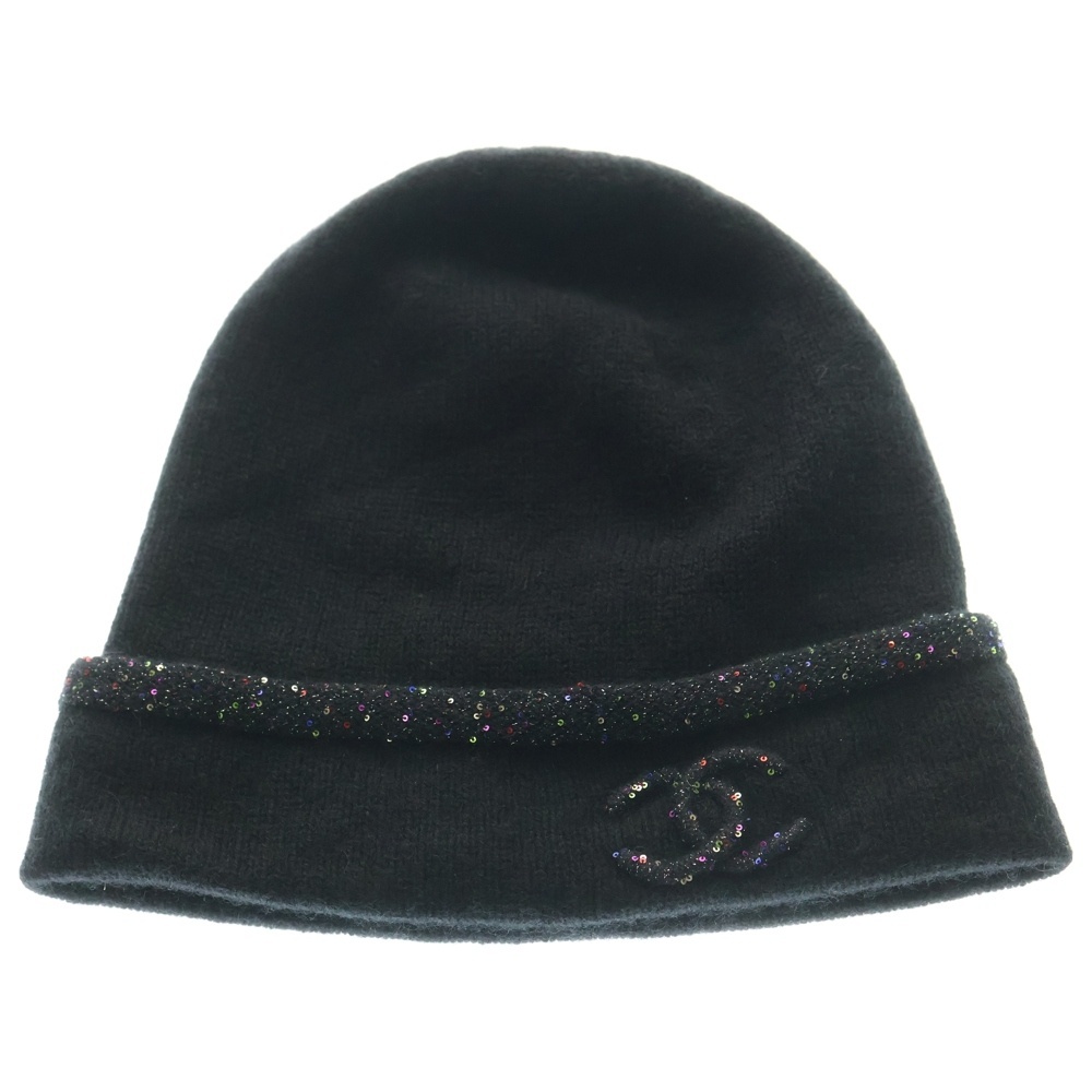 CHANEL シャネル スパンコールデザイン ココマーク カシミア ニットキャップ 帽子 ブラック レディース拍卖