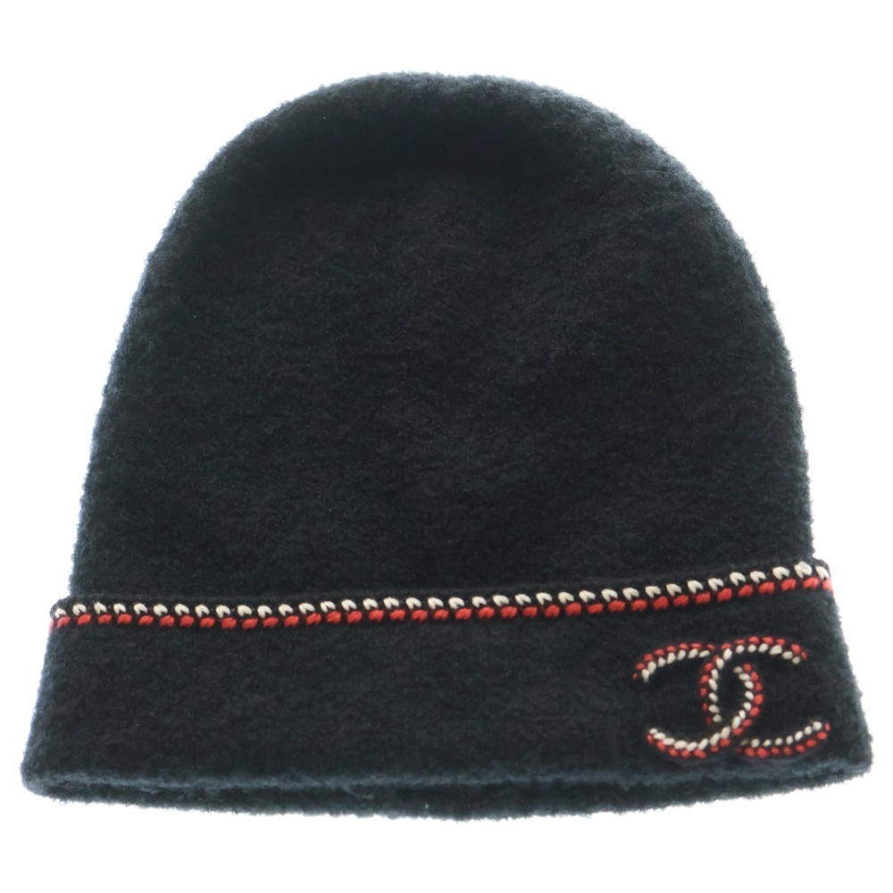 CHANEL シャネル 編込みライン ココマーク カシミア ニットキャップ 帽子 ブラック/レッド レディース拍卖