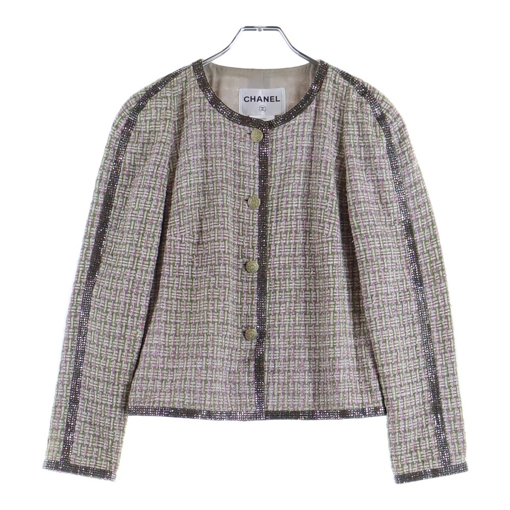 CHANEL シャネル ココマークボタン ラインストーン ツイード ノーカラー ジャケット パープル/グリーン レディース P40905V29598拍卖