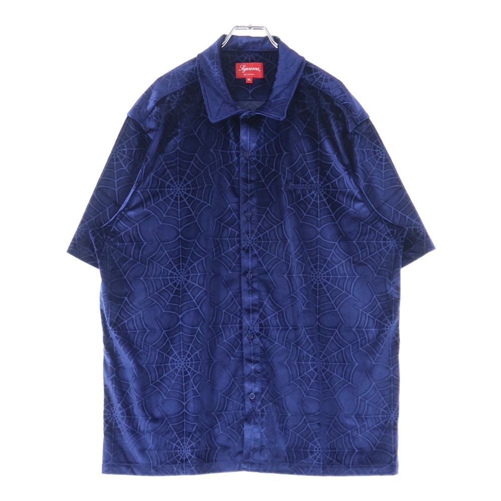 SUPREME シュプリーム 21AW Spider Web Velvet S/S Shirt 蜘蛛の巣総柄 ベルベット 半袖シャツ ブルー拍卖