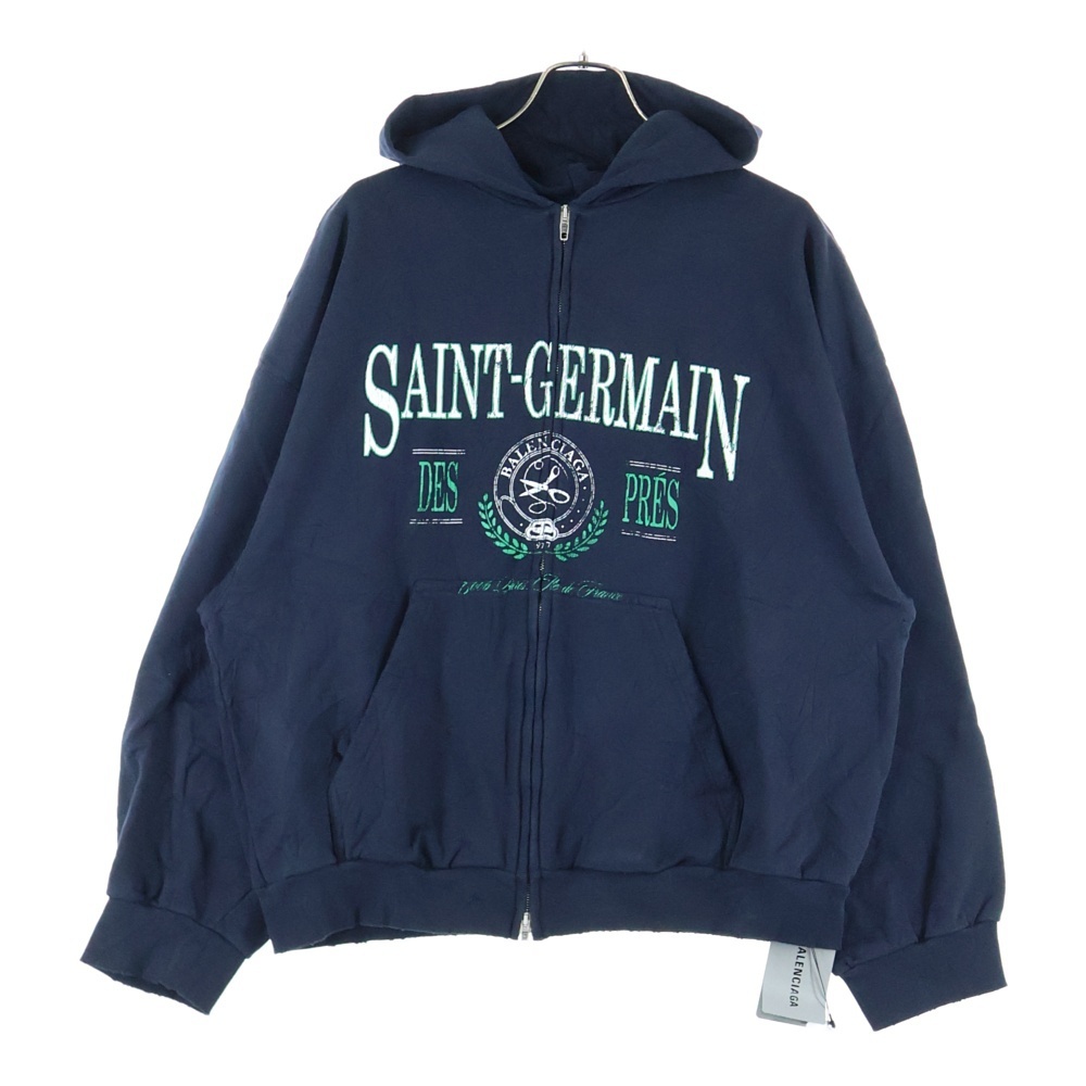 バレンシアガ 24SS SAINT GERMAIN デストロイ加工 フロントロゴ ジップアップスウェットパーカー フーディ ネイビー 803264 TRV09拍卖