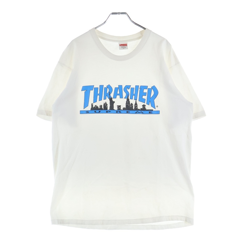 シュプリーム 21AW ×THRASHER Skyline Tee スラッシャー スカイライン ロゴ プリント クルーネック 半袖Tシャツカットソー ホワイト拍卖