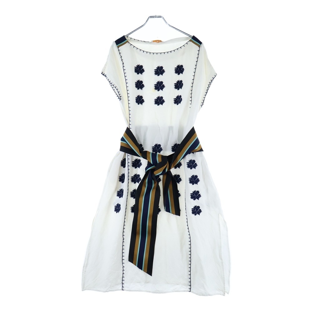 TORY BURCH トリー バーチ ベルト付 フラワー刺繍リネンノースリーブワンピース ホワイト レディース拍卖