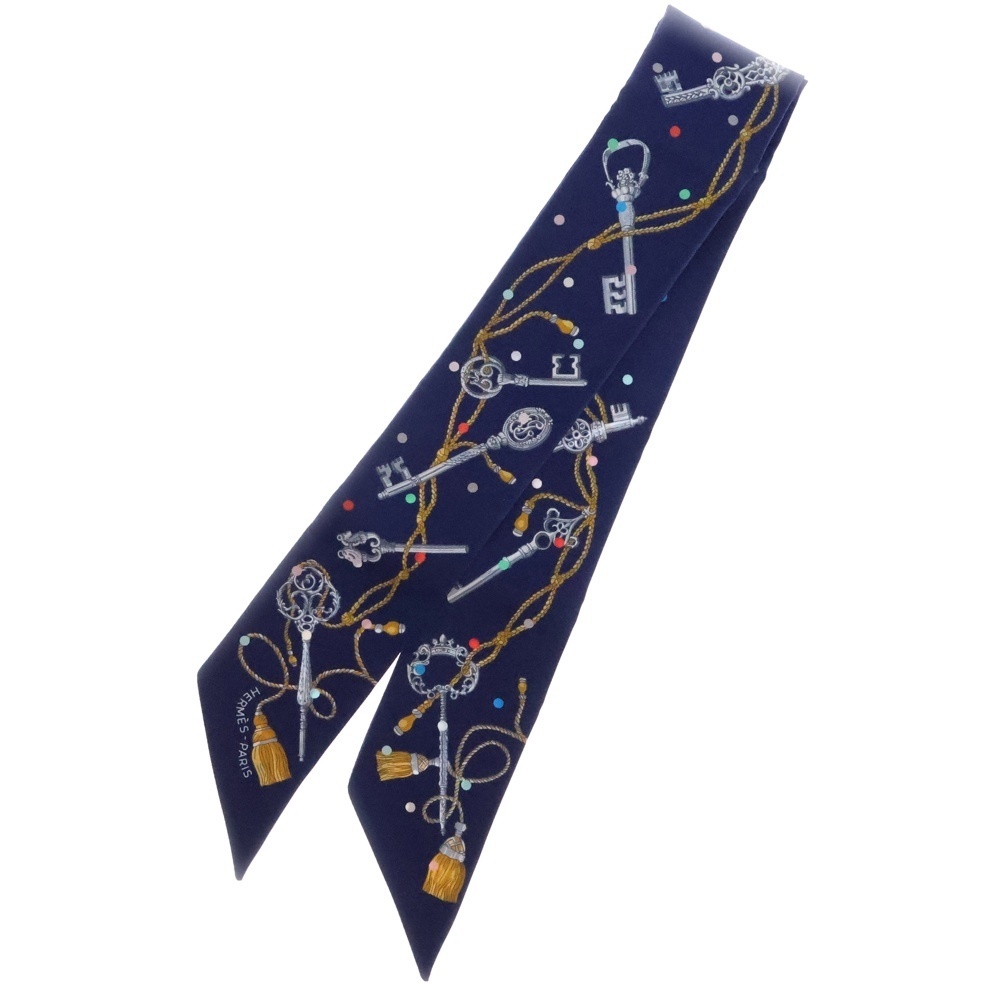 HERMES エルメス Les Cles a Pois レクレアポア ツイリー シルク総柄スカーフ ネイビー レディース拍卖