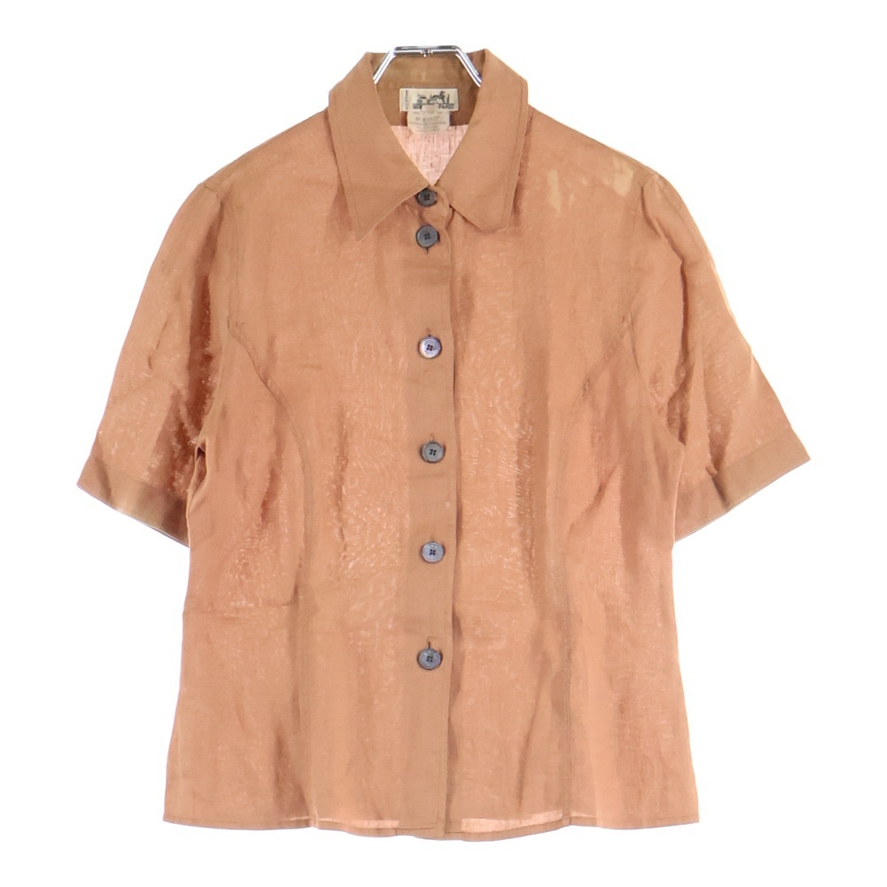 HERMES エルメス 馬車タグ リネンボタン開襟半袖シャツ ブラウン拍卖