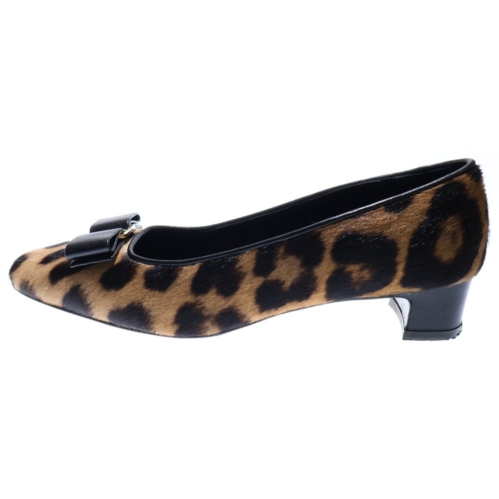 FERRAGAMO フェラガモ ロゴ ハラコレザー レオパードヒールパンプス ブラック/ベージュ レディース拍卖