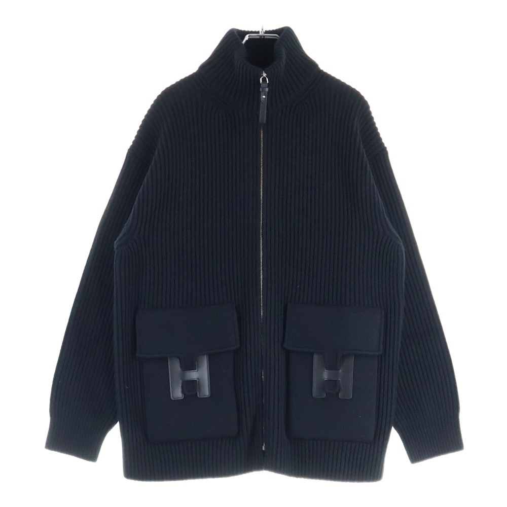 HERMES エルメス 22AW Hロゴパッチ ポケット ジップアップ ウール ドライバーズ ニット ジャケット ブラック 2H2204DA拍卖