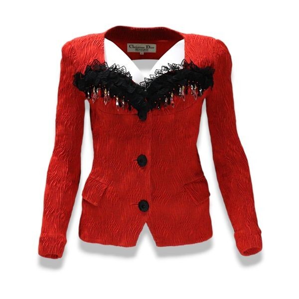 良品 ◆超レア◆ 正規品 Vintage Christian Dior クリスチャン ディオール レース ビーズ 装飾 ジャケット 7 レッド拍卖
