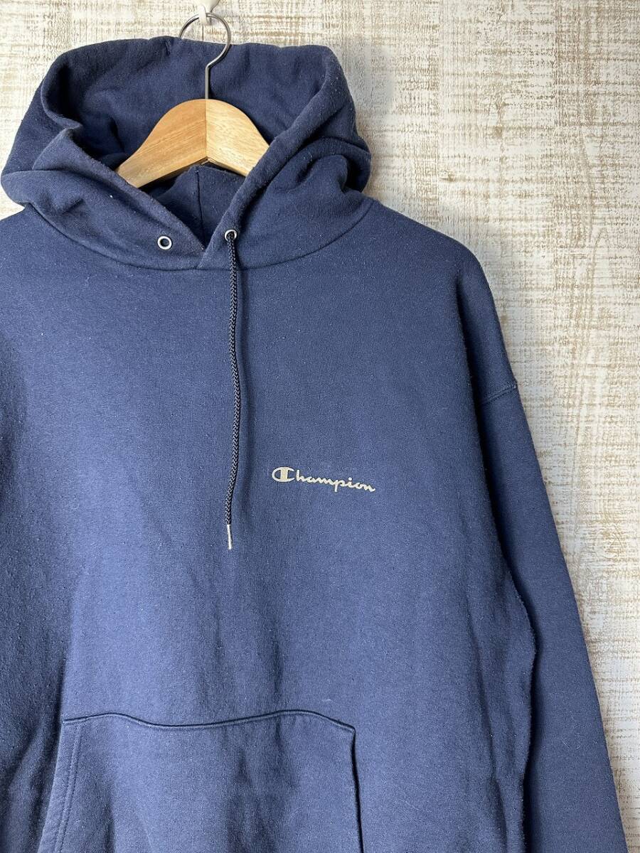 ☆US古着 Champion チャンピオン スウェット トレーナー フード パーカー ロゴ刺繍 プリント ネイビー紺【L】コットン ◆5240◆拍卖