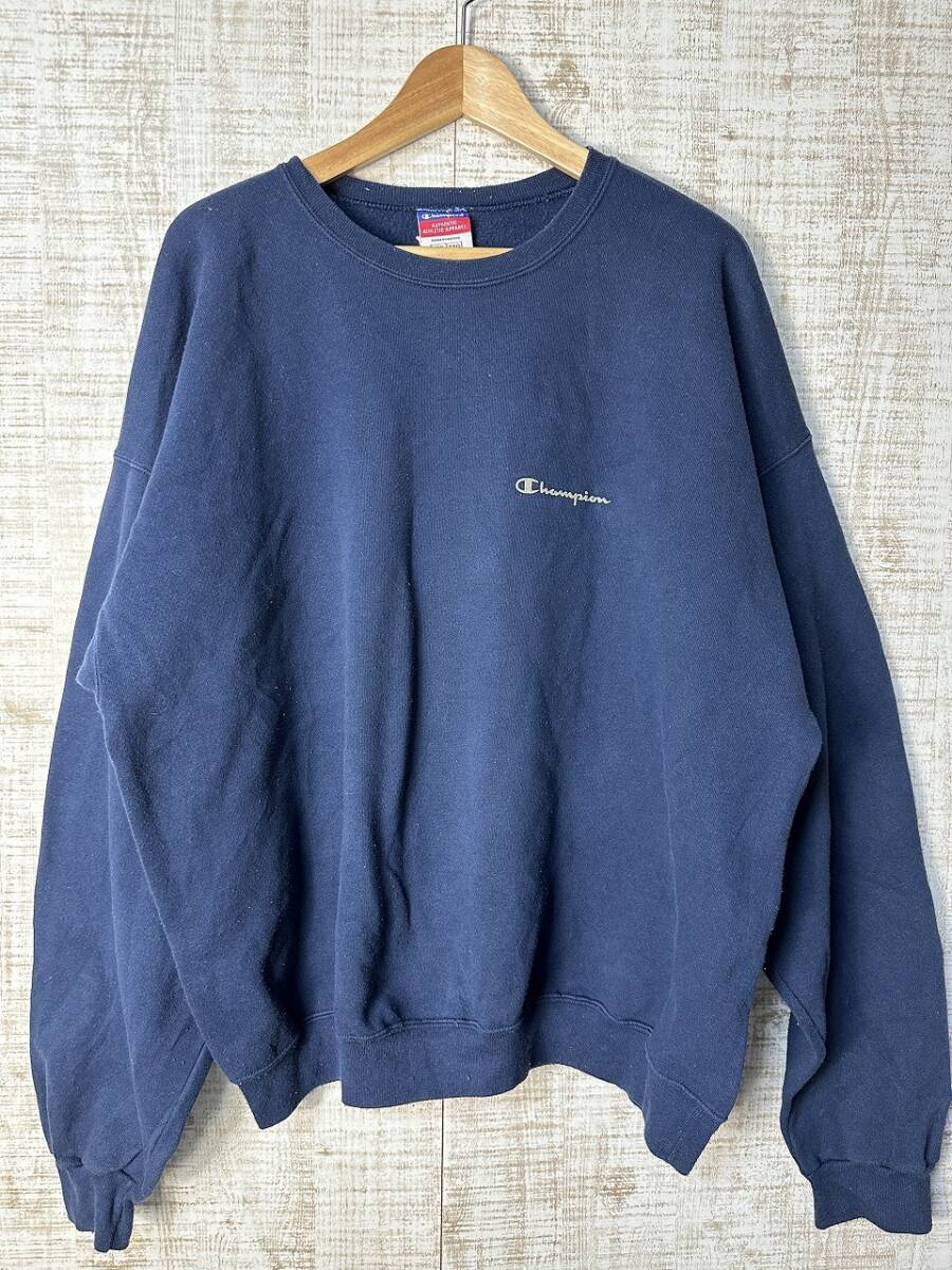 ☆超ビッグサイズ US古着 Champion チャンピオン スウェット ラバープリント ロゴ刺繍 トレーナー ネイビー紺 裏起毛【2XL】 ◆5274◆拍卖