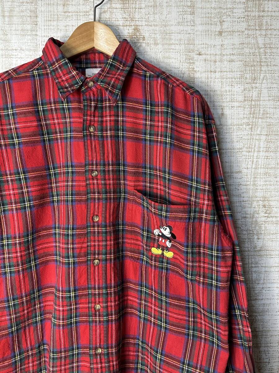 ☆US古着 Disney ディズニー ネルシャツ ミッキー 刺繍 チェック 長袖シャツ レッド赤【M】コットン ◆5298◆拍卖