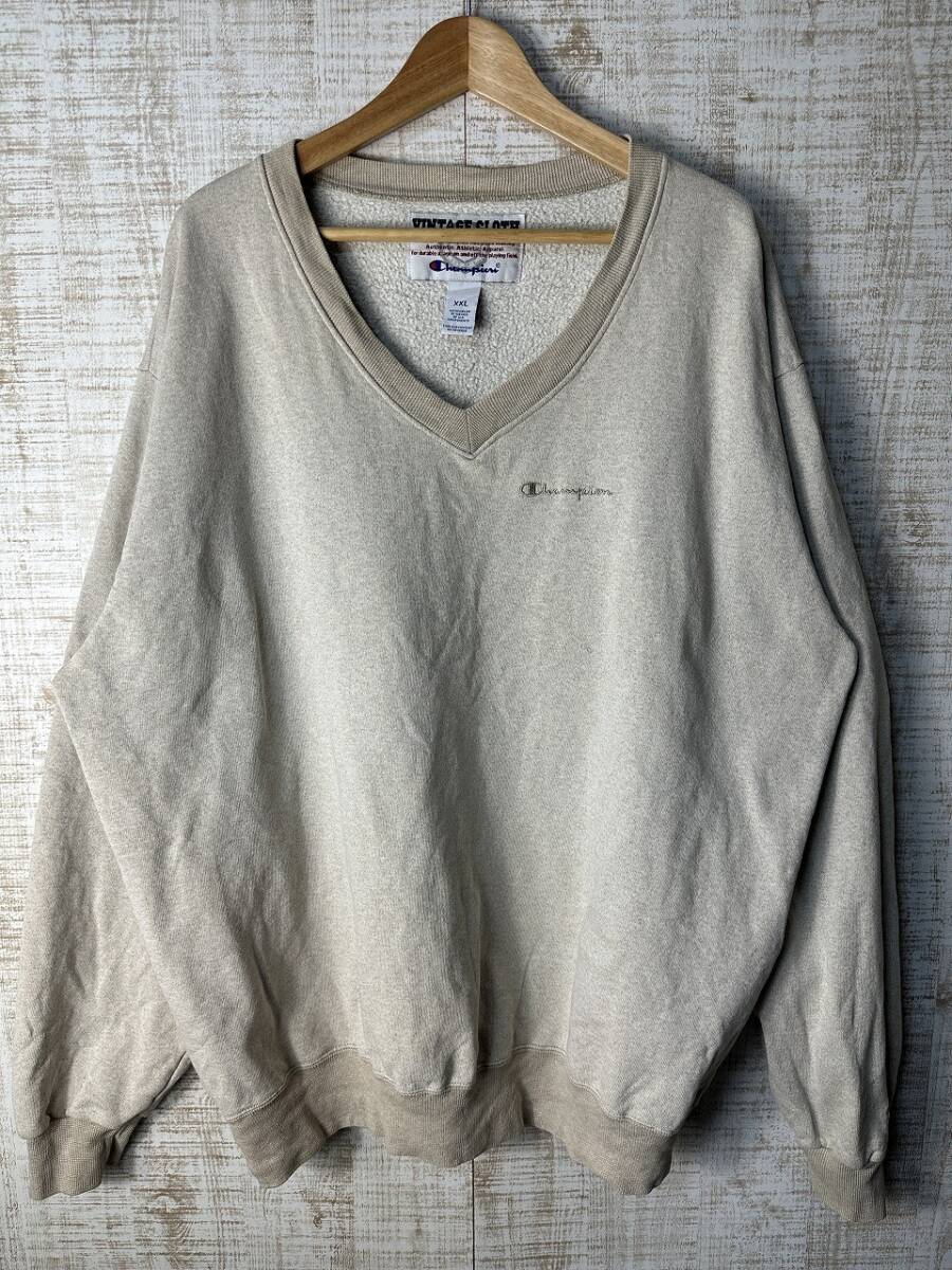 ☆超ビッグサイズ US古着 Champion チャンピオン スウェット ヴィンテージCLOTH Vネック ロゴ刺繍 裏起毛 オフホワイト【2XL】 ◆5325◆拍卖