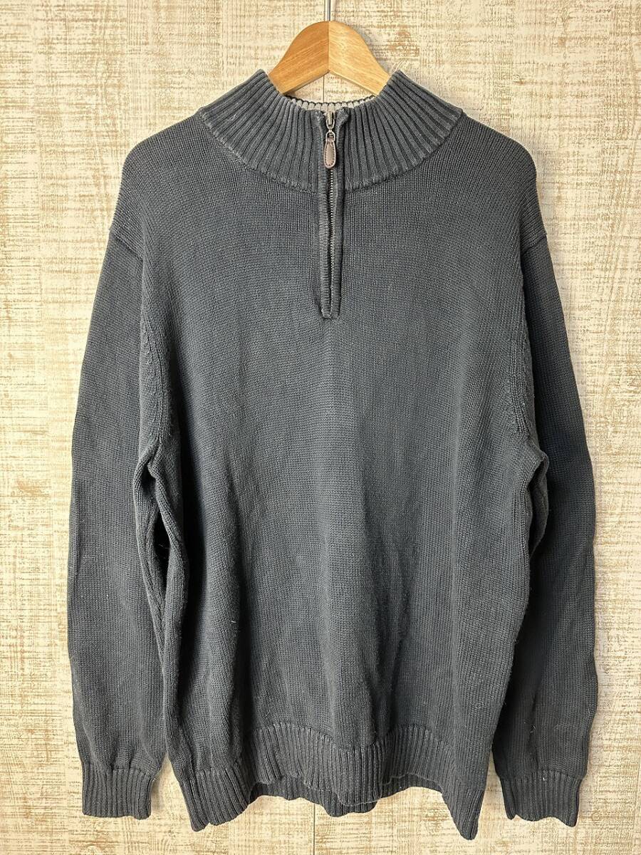 ☆ビッグサイズ US古着 L.L.Bean エルエルビーン 90s 90年代 ニット コットン ハイネック ジップアップ ミドルゲージ ネイビー紺【L】 5327拍卖