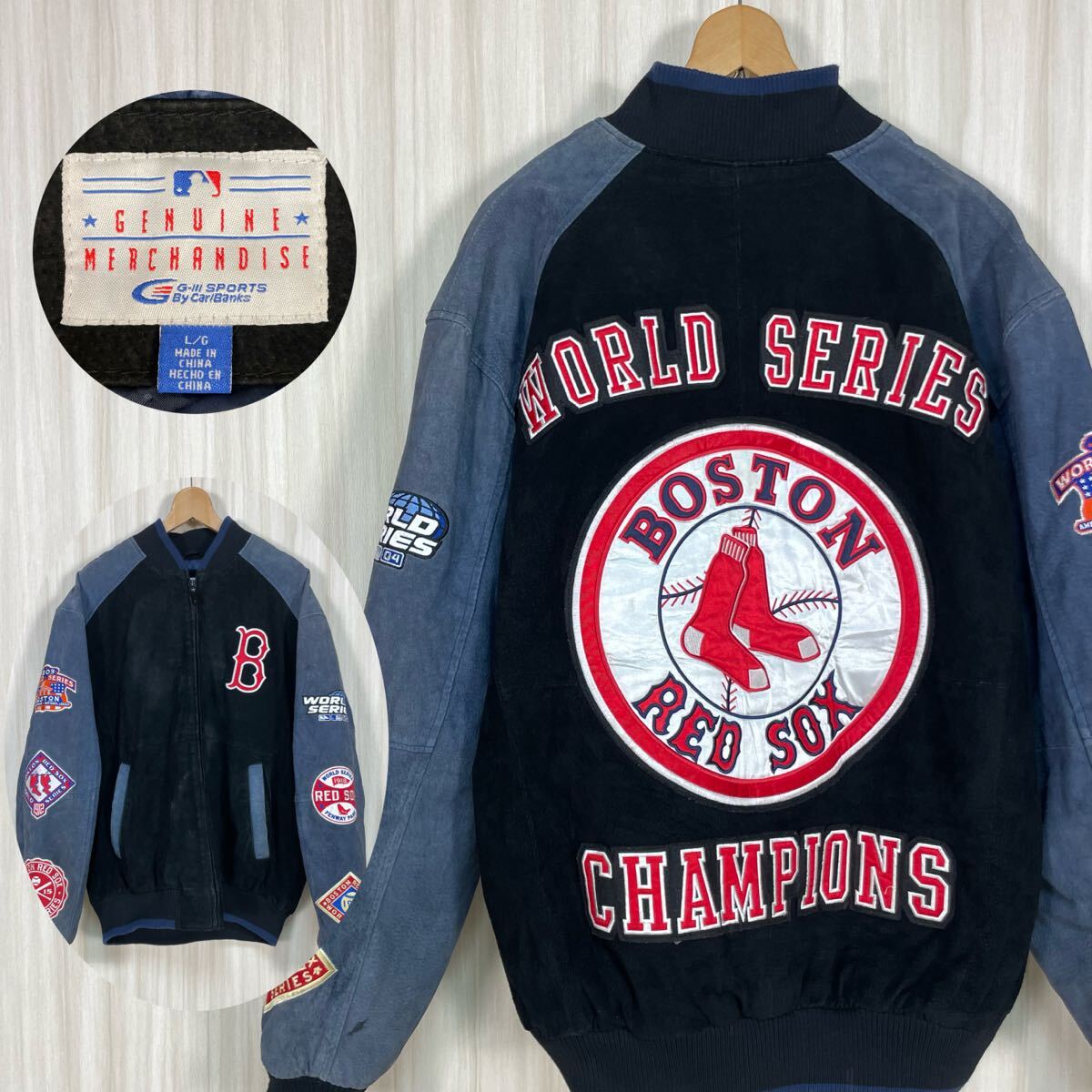 ☆希少☆MLB メジャー ボストン・レッドソックス ワールドシリーズ アワードジャケット レザー スタジャン L 裏地キルティング 中綿入 古着拍卖